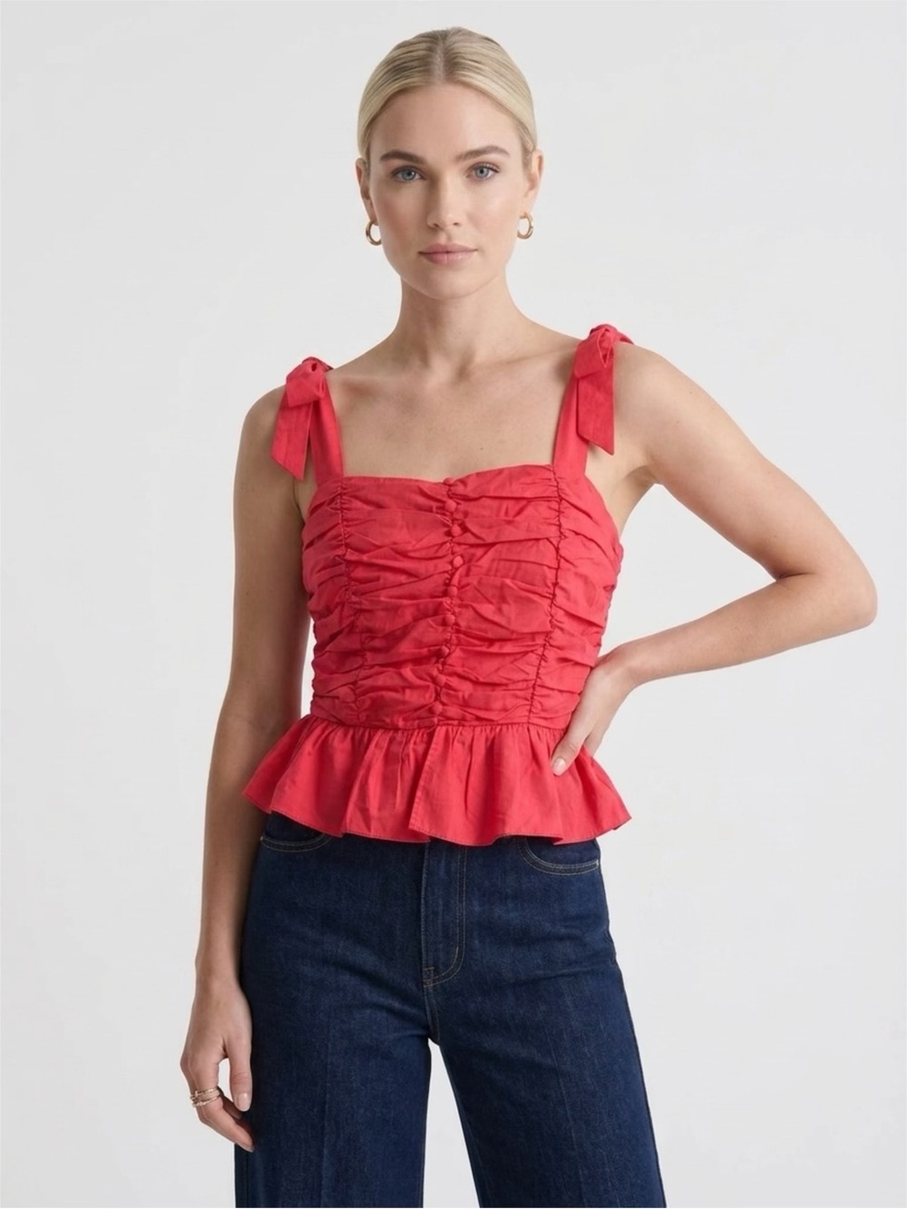 Ruched Tie-Shoulder Peplum Crop Top - Red